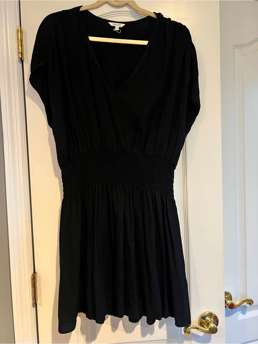 Splendid Black Smocked-Waist V-Neck Mini Dress